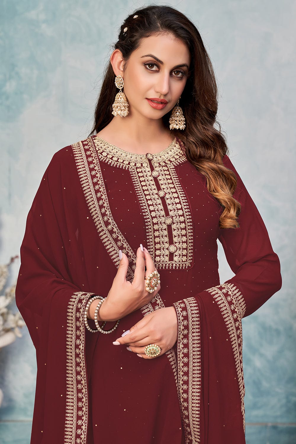 Alluring Maroon Color Cotton Base Pant Style Salwar Suit